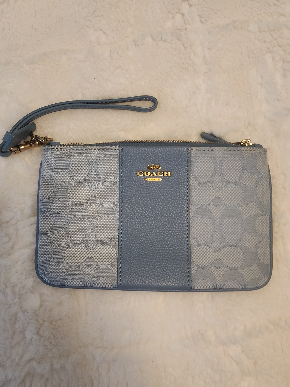 COACH Light Blue Signature Canvas Wristlet with Gold Logo